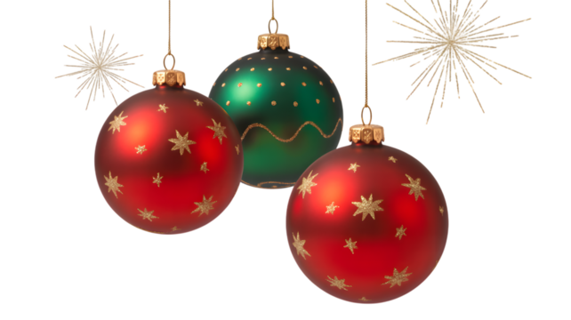 Three festive christmas ornaments, two red and one green, hanging with golden star patterns, isolated on transparent background