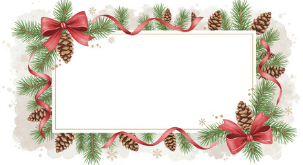 Pinecone and ribbon decorated Christmas frame with white background  