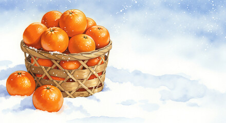 Fresh oranges in a woven basket on snow-covered background  