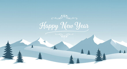Winter landscape with mountains and pine trees for Happy New Year  