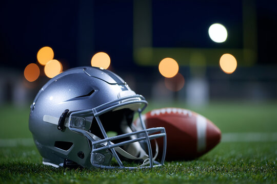 A football helmet and a football are on a field. The helmet is silver and the football is white