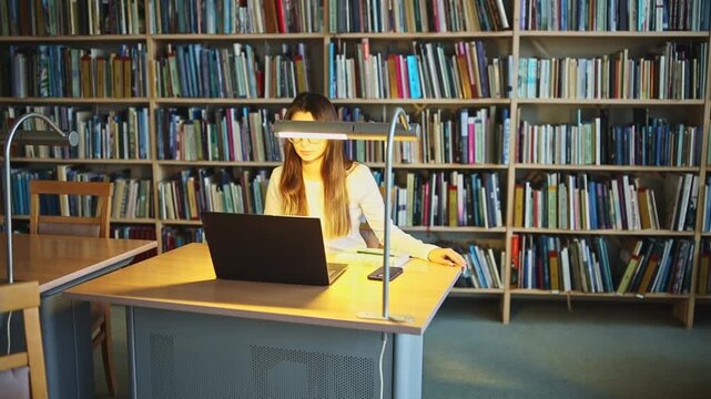 Student pointing at laptop on library desk under lamp
