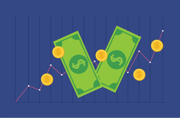 Finance background illustration with abstract stock market information and charts, with paper currency and coins