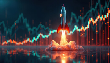 Rocket ship takes off with bright flames, leaving cloud of smoke behind. Glowing finance charts loom in background, showing upward trends. Symbolizes business success and market gains.