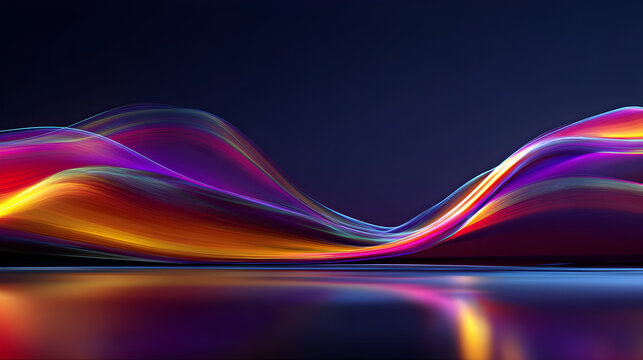 Abstract flowing wave of colorful light particles with glowing effect on a dark background, representing data stream or sound visualization