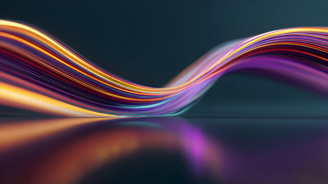 Dynamic colorful light trails forming a wavy shape, suggesting speed, movement, and digital information flow against a dark backdrop