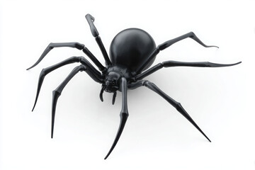 A realistic black toy spider with long legs and a large abdomen, isolated on a plain white background.