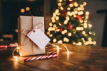 Christmas gift box with blank tag and candy cane on wooden table with festive lights and decorated tree in background