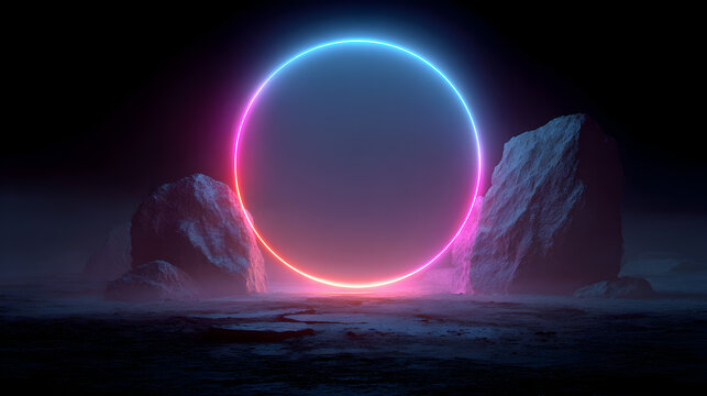 A glowing neon ring in pink and blue hues hovers between two large, textured rocks in a dark, foggy, and atmospheric environment, creating a surreal and futuristic scene