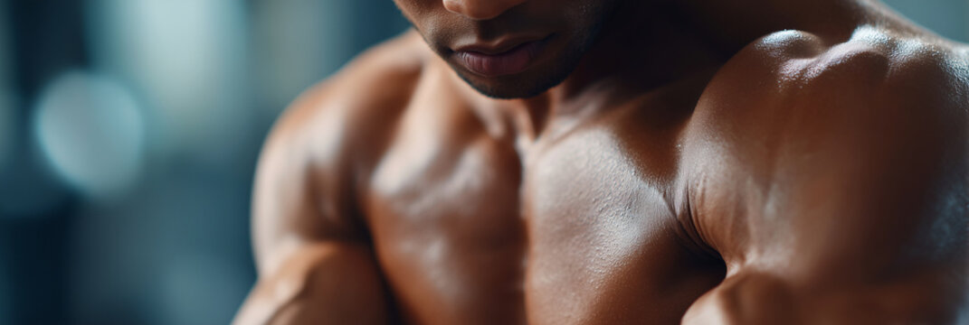 A man with a muscular chest and arms is shown in a gym setting. Concept of strength and determination, as the man is working hard to build his muscles - Powered by Adobe