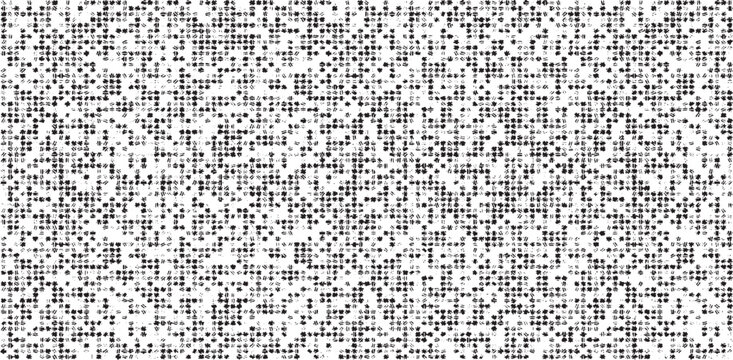 Monochrome texture composed of irregular graphic elements. Distressed uneven grunge background. Abstract vector illustration. Overlay for interesting effect and depth. Isolated on white background.