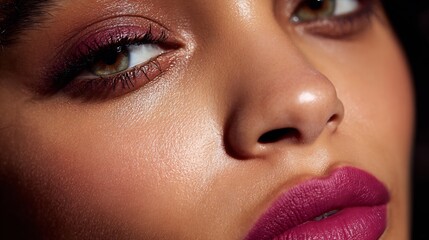 Close up beauty shot of woman with purple lipstick and eyeshadow makeup beauty advertisement campaign