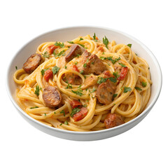 Creamy Cajun Sausage Pasta, Isolated on White Background