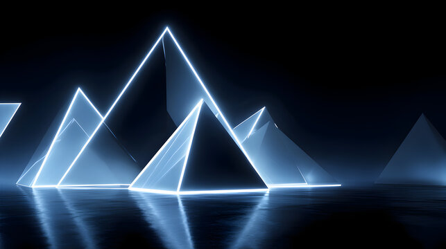 Abstract glowing blue neon pyramids reflecting on a wet dark surface in a futuristic dark environment, representing technology and mystery