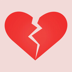 Red broken heart. Divorce symbol, heartbreak, flat vector image.Vector illustration. Vector isolated broken heart. Red heart broken  and cracked. 

