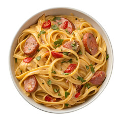 Creamy Cajun Sausage Pasta, Isolated on White Background