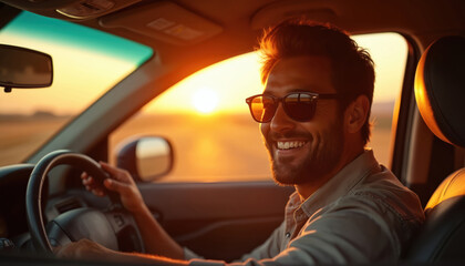 Obraz premium Smiling man in sunglasses drives car during sunset. He enjoys a happy road trip on a sunny day. Travel and adventure are on his mind. Freedom and joy fill his journey.