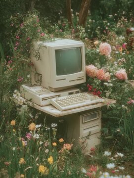 Old computer surrounded by vibrant flowers in a serene garden setting during daytime