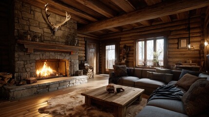 cozy log cabin living room with fireplace and mounted antlers warm ambiance