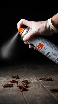 Hand in a protective glove spraying insecticide on cockroaches. Pest control and extermination of an insect infestation on a wooden floor. Handheld shot with tilting and panning.