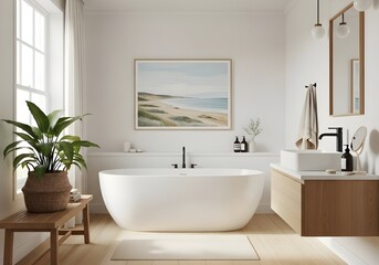 Fototapeta premium Tranquil Coastal Bathroom Retreat with Natural Light and Lush Greenery