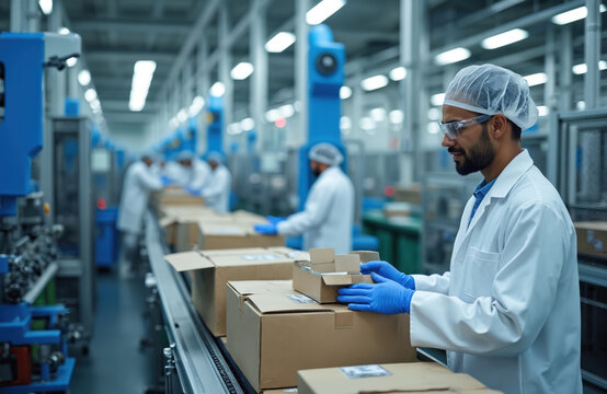 Male worker in lab coat, hairnet, safety glasses, blue gloves carefully places small carton box on conveyor. Colleagues work on line. Modern pharma factory manufactures medical products, drugs.