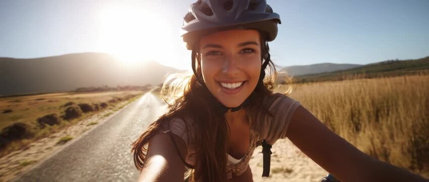 Smiling woman enjoys a sunny bike ride through beautiful countryside during golden hour
