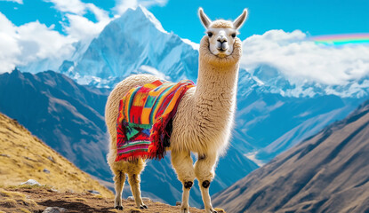 Obraz premium A majestic llama or alpaca stands proudly on a mountain ridge wearing a brightly colored, traditional woven Andean blanket 