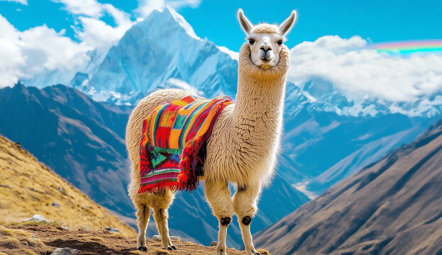 A majestic llama or alpaca stands proudly on a mountain ridge wearing a brightly colored, traditional woven Andean blanket 
