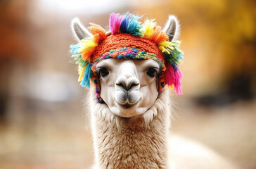 Obraz premium Portrait of a llama or alpaca decorated with colorful clothes against blurred background