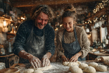 happy family married couple bakes christmas cookies and laughs i