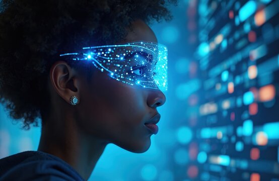 African American woman wears smart glasses. Looks at virtual data stream, exploring digital future. Concept of AI learning, augmented reality education, advanced cyber tech innovation, cybersecurity. - Powered by Adobe