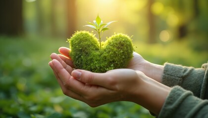 Hands cradle heart-shaped plant. Eco-conscious photo environment, care, love. Young sprout grows within green heart in natural sunlight. Eco friendly concept with hands holding green heart.