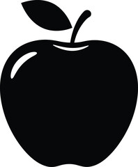 Black apple fruit silhouette with leaf, simple healthy food icon, minimal vector design for nutrition, grocery, education, diet, organic food concept illustration