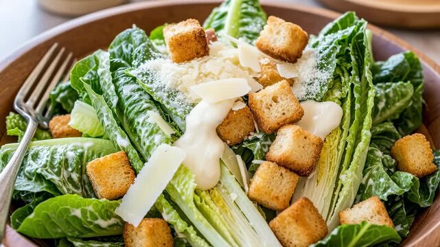 Delicious Caesar Salad Being Dressed with Creamy Dressing and Parmesan Cheese.