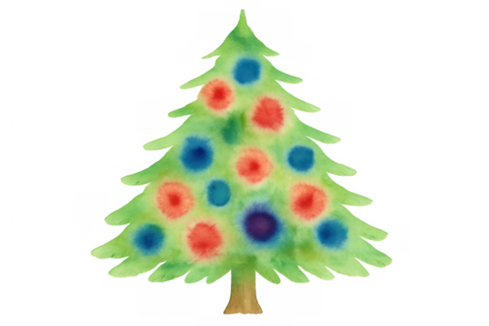 Watercolor christmas tree illustration with colorful ornaments on a transparent background for holiday designs