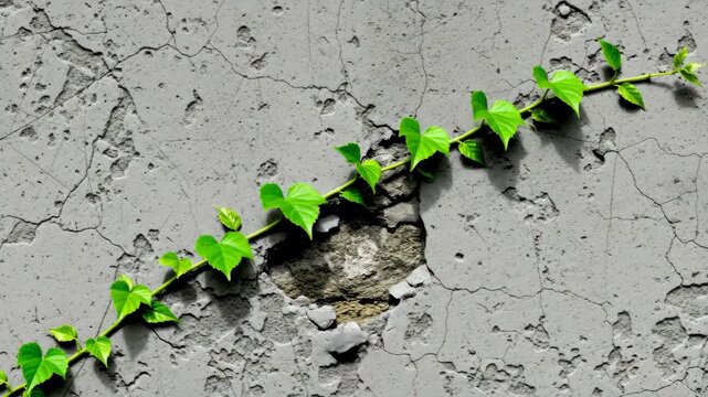 Green vine grows across weathered concrete wall in timelapse sequence