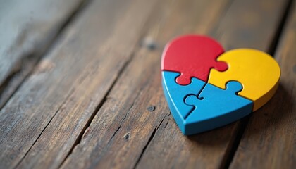 Heart assembled from colorful puzzle pieces on wood table. Red blue and yellow parts form heart shape. Symbol of love connection and understanding on wooden surface. Charity support design.