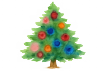 Watercolor christmas tree displaying vibrant round decorations. Festive winter holiday symbol with a transparent background