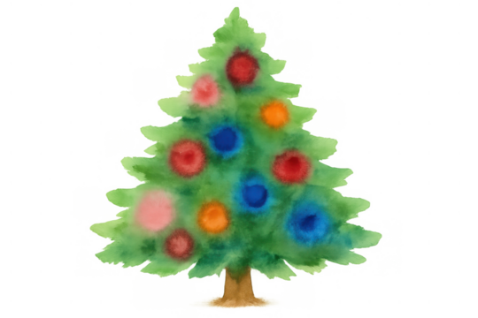 Watercolor christmas tree displaying vibrant round decorations. Festive winter holiday symbol with a transparent background