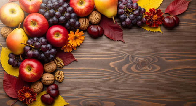 Autumn Harvest Corner Frame with Apples, Grapes, and Walnuts on Wood