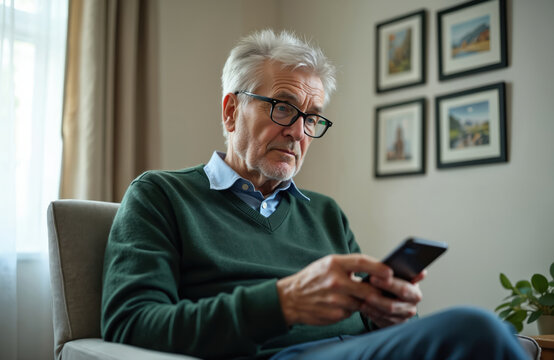 Grey haired senior man with eyeglasses uses smartphone in cozy living room. Older male browses mobile phone, reads news, sends digital messages, checks apps online. Mature adult connects with family,