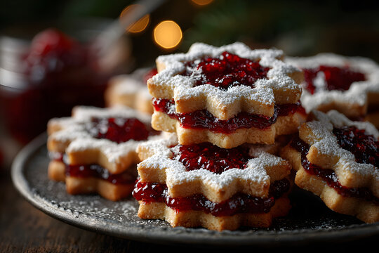 Christmas Linzer cookies with raspberry jam