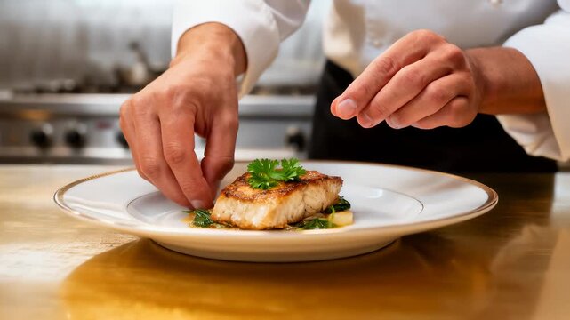 Cook adding fresh parsley garnish to a pan-seared fish fillet. Final plating in a high-end restaurant kitchen. Food service and culinary arts concept. Close-up handheld shot.