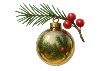 Christmas golden bauble hanging from a pine branch with red berries, depicting holiday season traditional celebration ornament