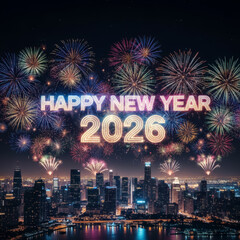 Happy New Year 2026 Fireworks Over City Skyline with Glowing Light Text and Night Skyline Reflections