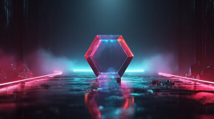 futuristic geometric abstraction featuring a vibrant glowing hexagonal crystal on a dark stage with neon lights
