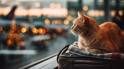 Ginger cat resting on a bag, gazing out of an airport window at blurred airplanes and warm bokeh lights, capturing a moment of travel anticipation and serenity