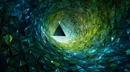 Experience the amazing vortex of green and blue triangles with a dark center triangle, perfect for cool backgrounds or modern designs, a stunning visual journey