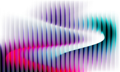 Color gradient with corrugated iridescent glass effect. White, red, turquoise and purple ribbed abstract background with line blur. Vector illustration